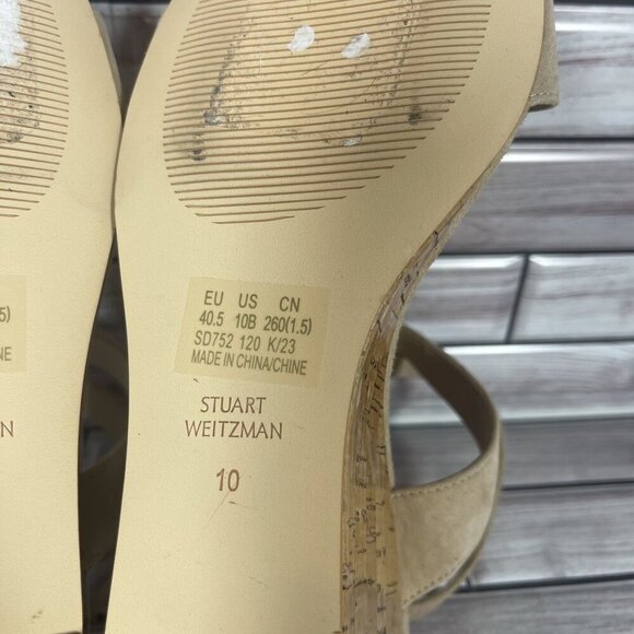 Stuart Weitzman Ave 75 Beige Suede Strappy Wedge Sandals Sandlewood Size 10-NEW - Picture 8 of 8